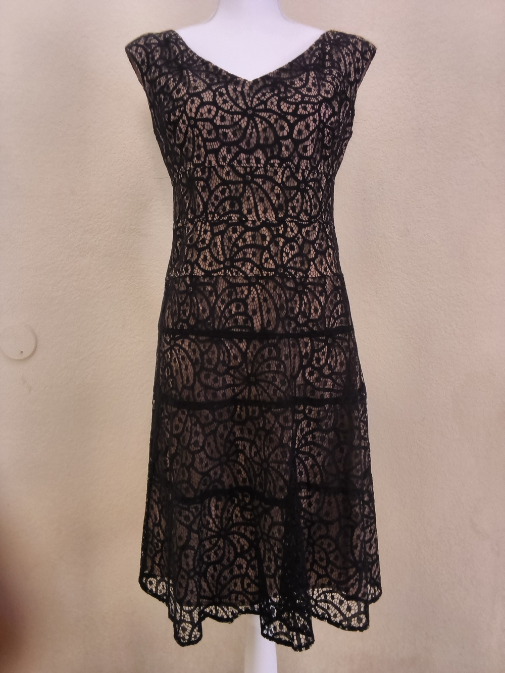 Anne Klein Black Lace Overlay Dress with Nude Lining